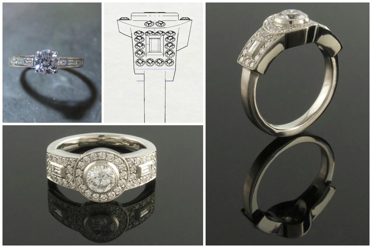 Platinum three stone cluster engagement ring