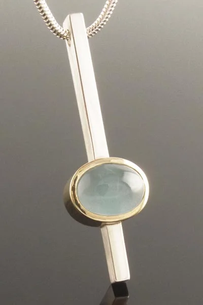 Long silver pendant Cabochon aquamarine necklace Yellow gold
