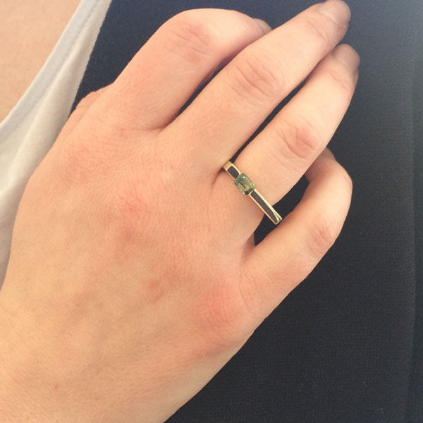 Contemporary green sapphire U shaped yellow gold ring handmade in Dublin by Eva Dorney