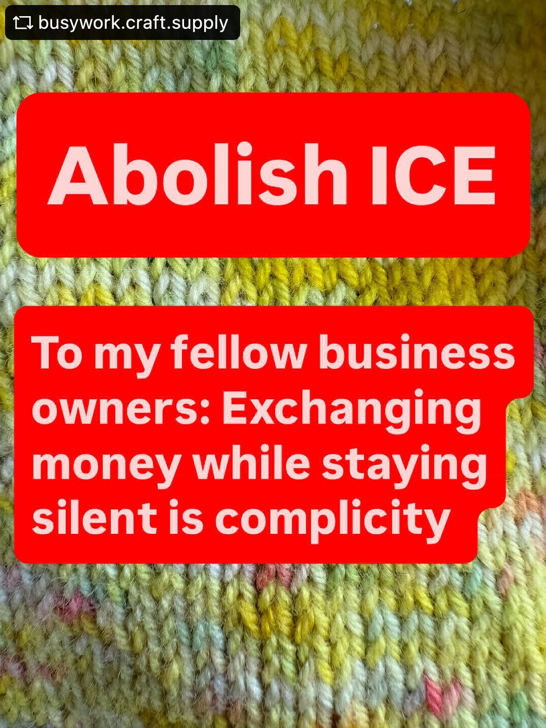 Love this shop in our new town of Martinez, CA! Please come check it out!
I like the politics of many businesses in this little town. Excited to share more!

This post is from: 
@busywork.craft.supply 

Image ID: green, yellow, and pink knitted garme