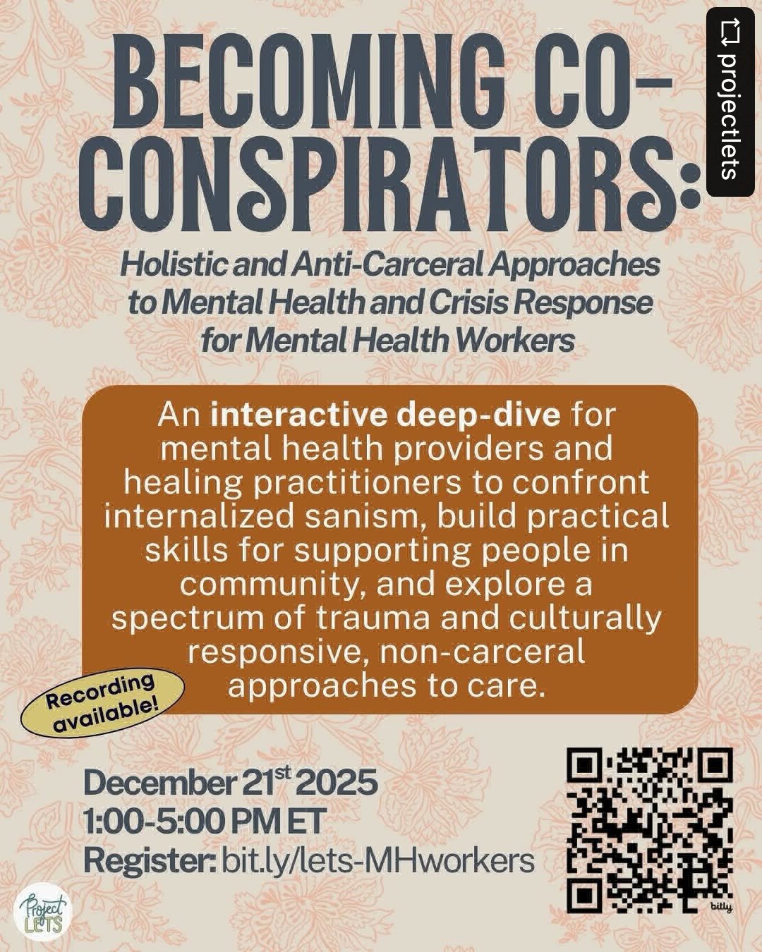 I will say one thing for the algorithm: it knows who I will like most of the time. Thank you for this vital work! 

Sharing this post from @projectlets 
🗓️ Clinicians, mental health workers, and healers &mdash; here&rsquo;s your call: join us on Sun