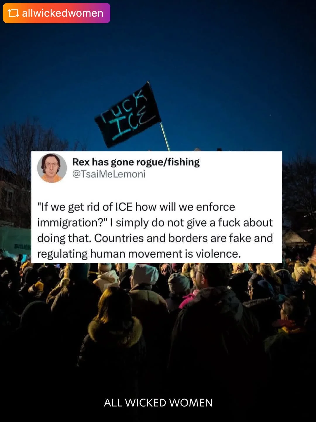 post from @allwickedwomen

Image ID: a photo from Minneapolis protests after the murder of Ren&eacute;e Nicole Macklin Good.

A black flag with blue letters stating "fuck ice" is behind the text from a post from Rex has gone rogue/fishing
@