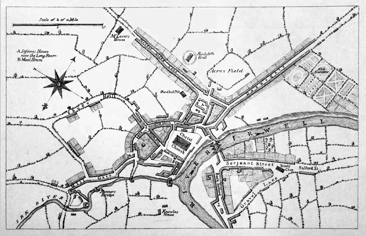 Radcliffe Hall pictured in a 1650 map of Manchester . Acresfield is the area of Cross Street and St Anns Square