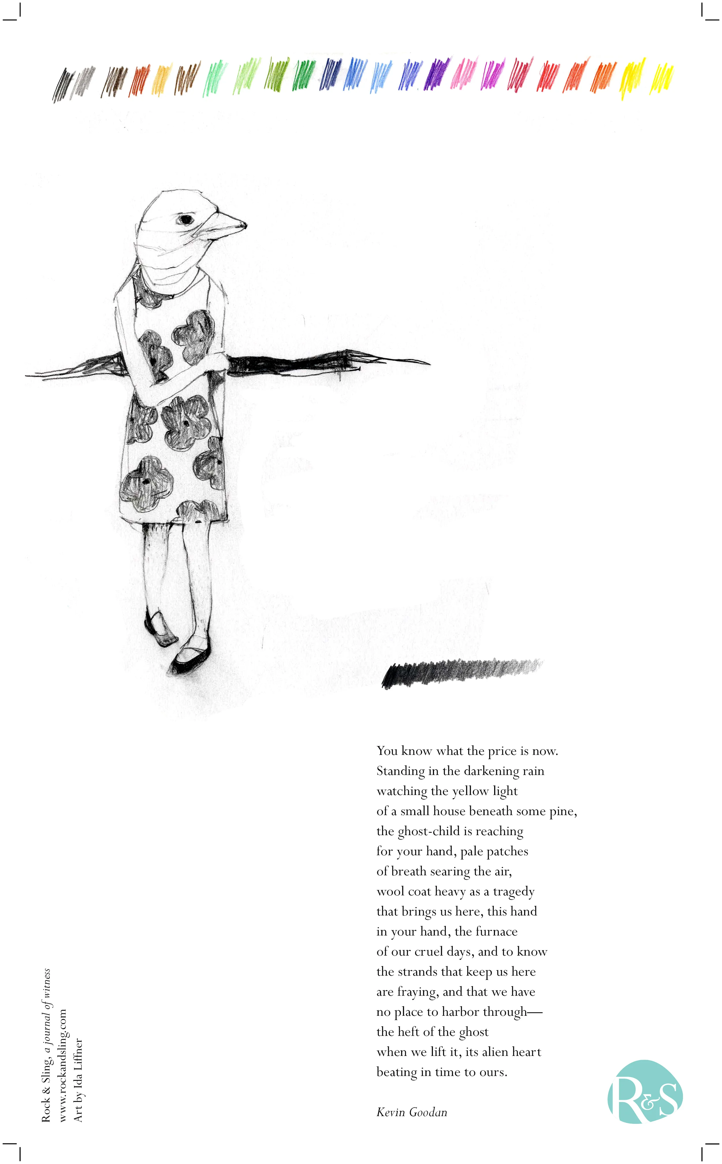 Broadside for Rock & Sling. Art by Ida Liffner. Poem by Kevin Goodan.