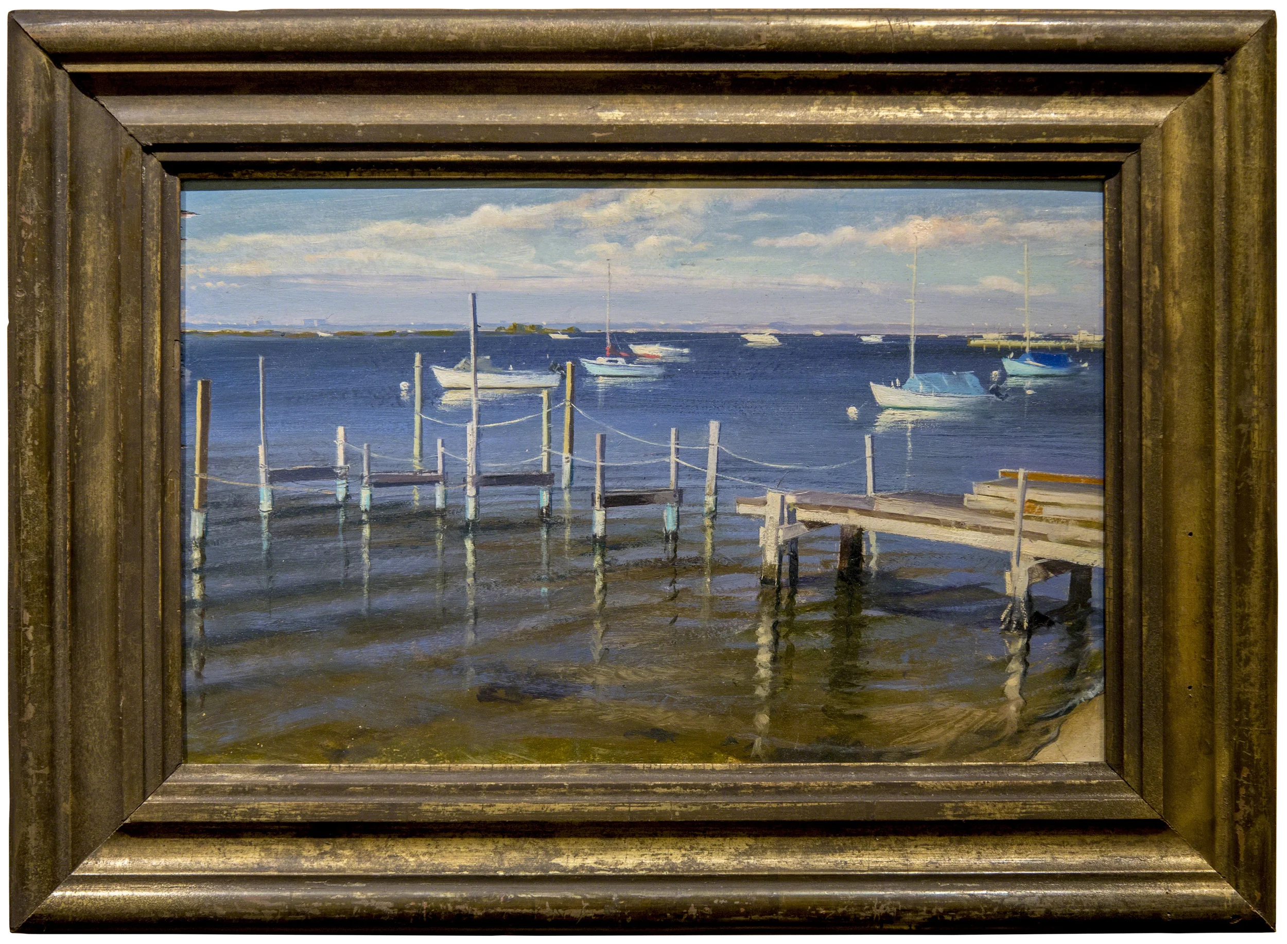 Dunewood Pier No. 2, Great South Bay 2010, oil on panel, 8-7/8" x 13-7/8" Period Frame. Patinated 19th-century silver-leaf on wood.