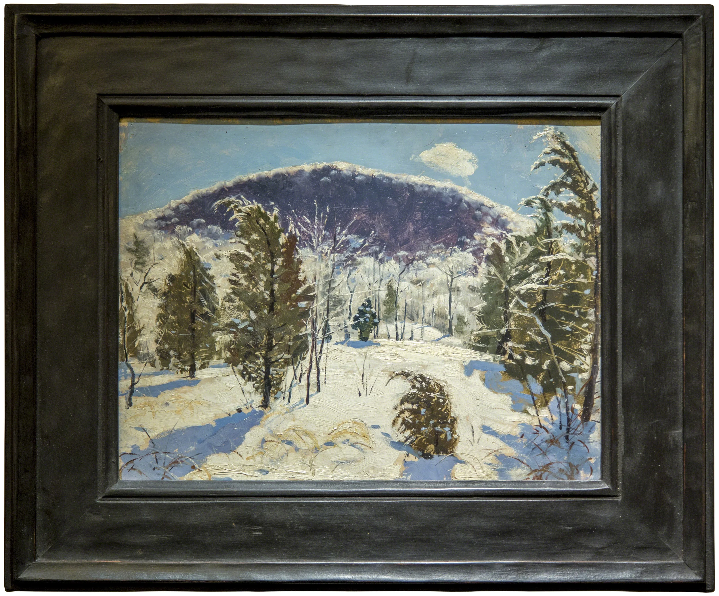 Ice Storm, Beverly Farm, Sugarloaf Mountain, Hudson Highlands 2004, oil on panel, 9" x 11-7/8" Artist-made frame. Ebonized hand-carved wood.