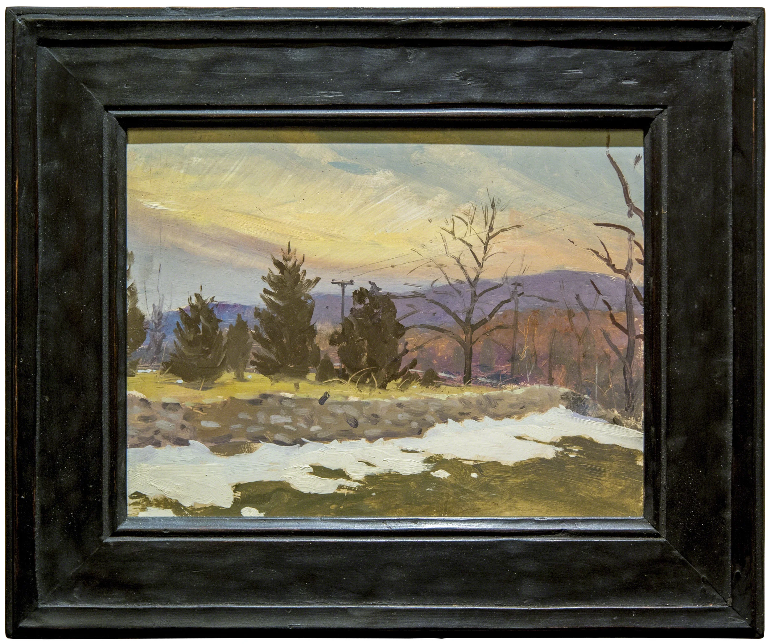 December Thaw, Beverly Farm, Hudson Highlands 2003, oil on panel, 9" x 11-7/8" Artist-made frame. Ebonized hand-carved wood.