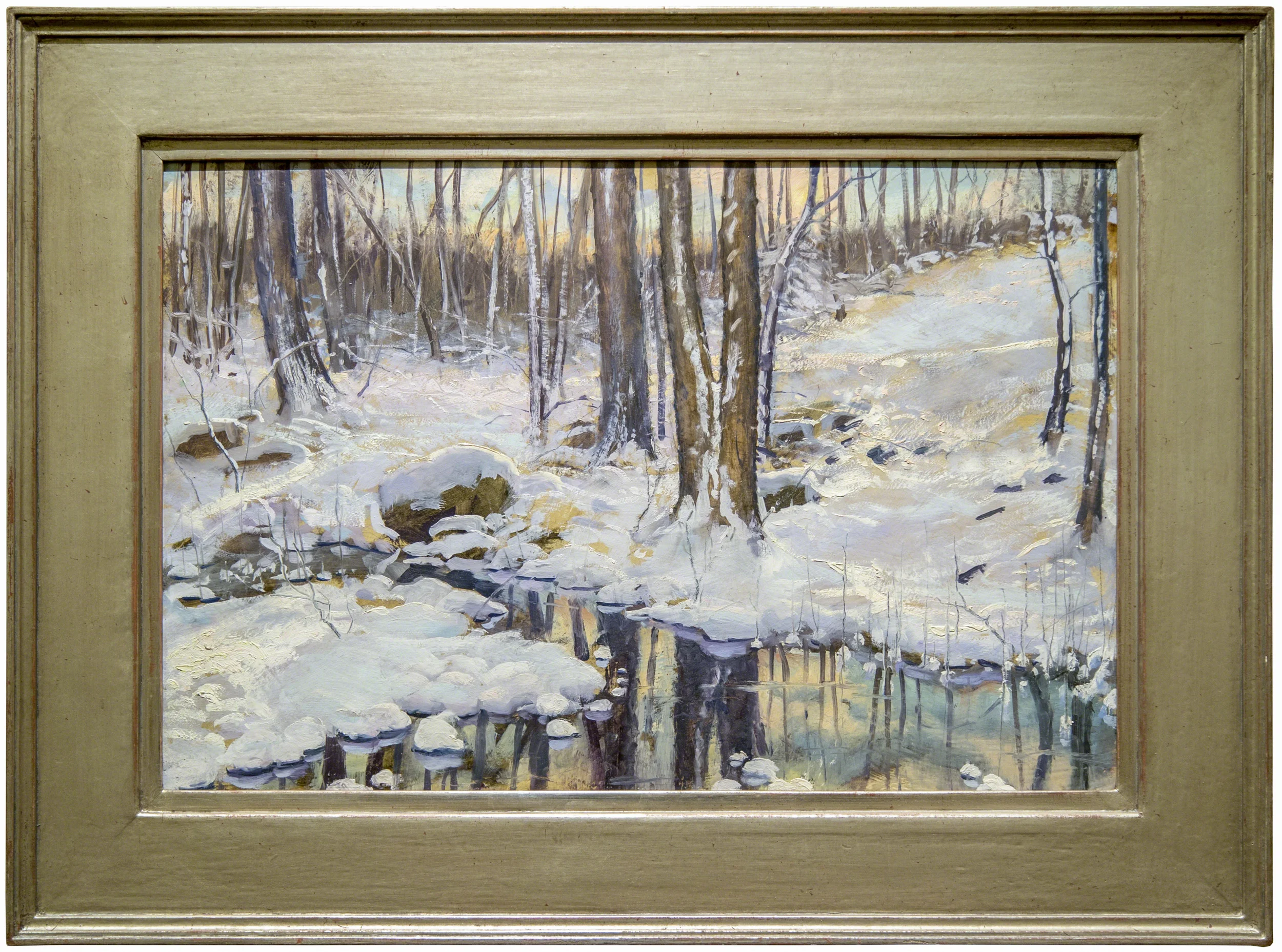 Spring Thaw, Troutbrook 2010, oil on panel, 12" x 18" Artist-made frame. White gold on hand-carved wood.