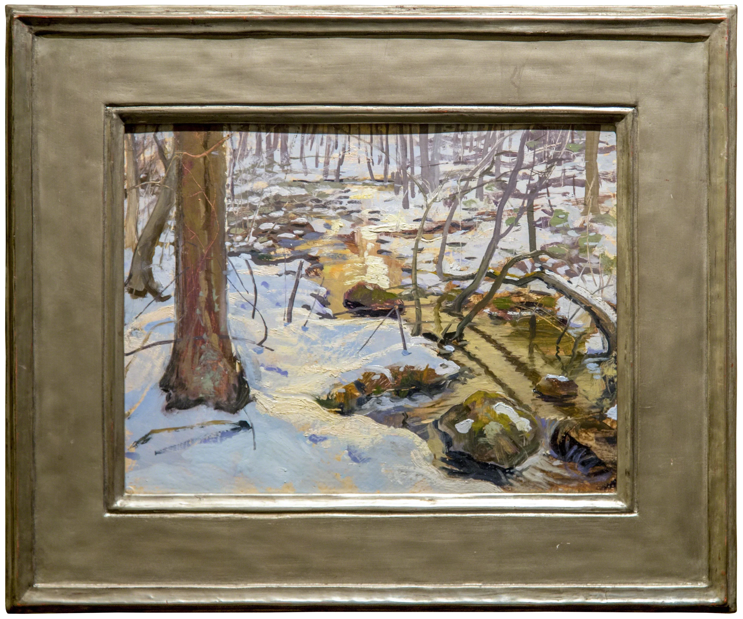 Snow Melt, Troutbrook 2013, oil on panel, 9" x 12" Artist-made frame. White gold on hand-carved wood. Private Collection.