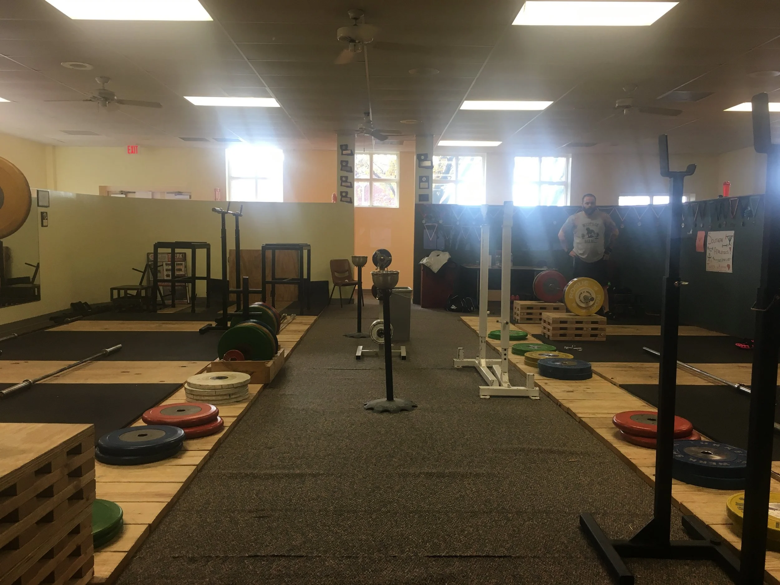 Partial view of our 8 platform olympic weightlifting facility in Brandon, Mississippi.