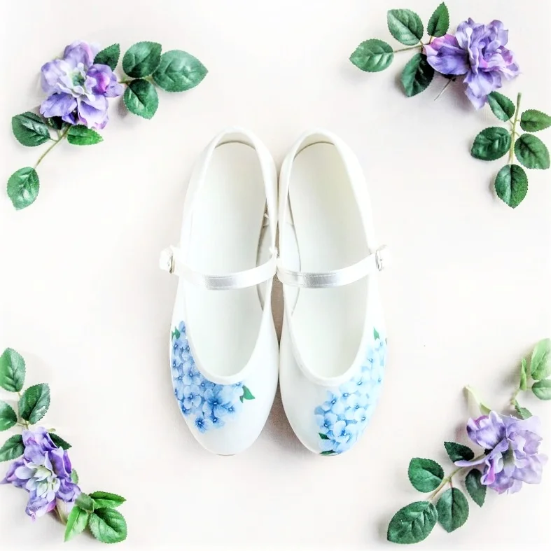 Blue hydrangea Handpainted Flat Flower Girl Wedding shoes —Bespoke