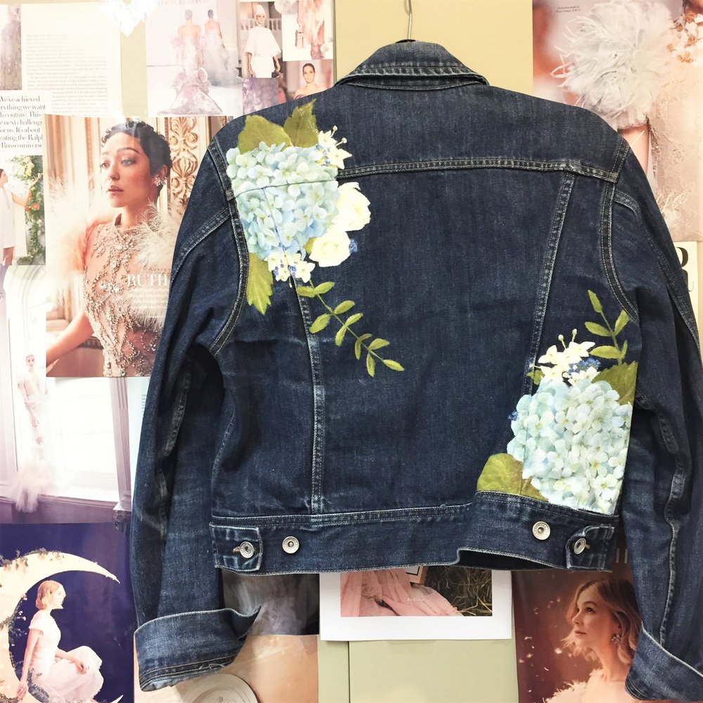 Hand-painted Blue Hydrangea and Forget Me Not Flower Botanical Print Denim  Jacket - Jacket Included! —Bespoke Wedding Accessories
