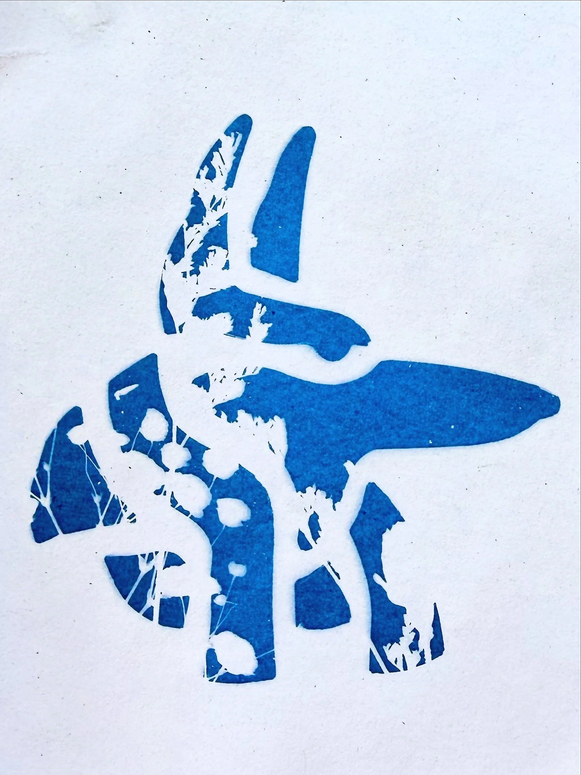 A blue stencil of a bird, possibly a dove, with its head turned to the right, set against a white background.