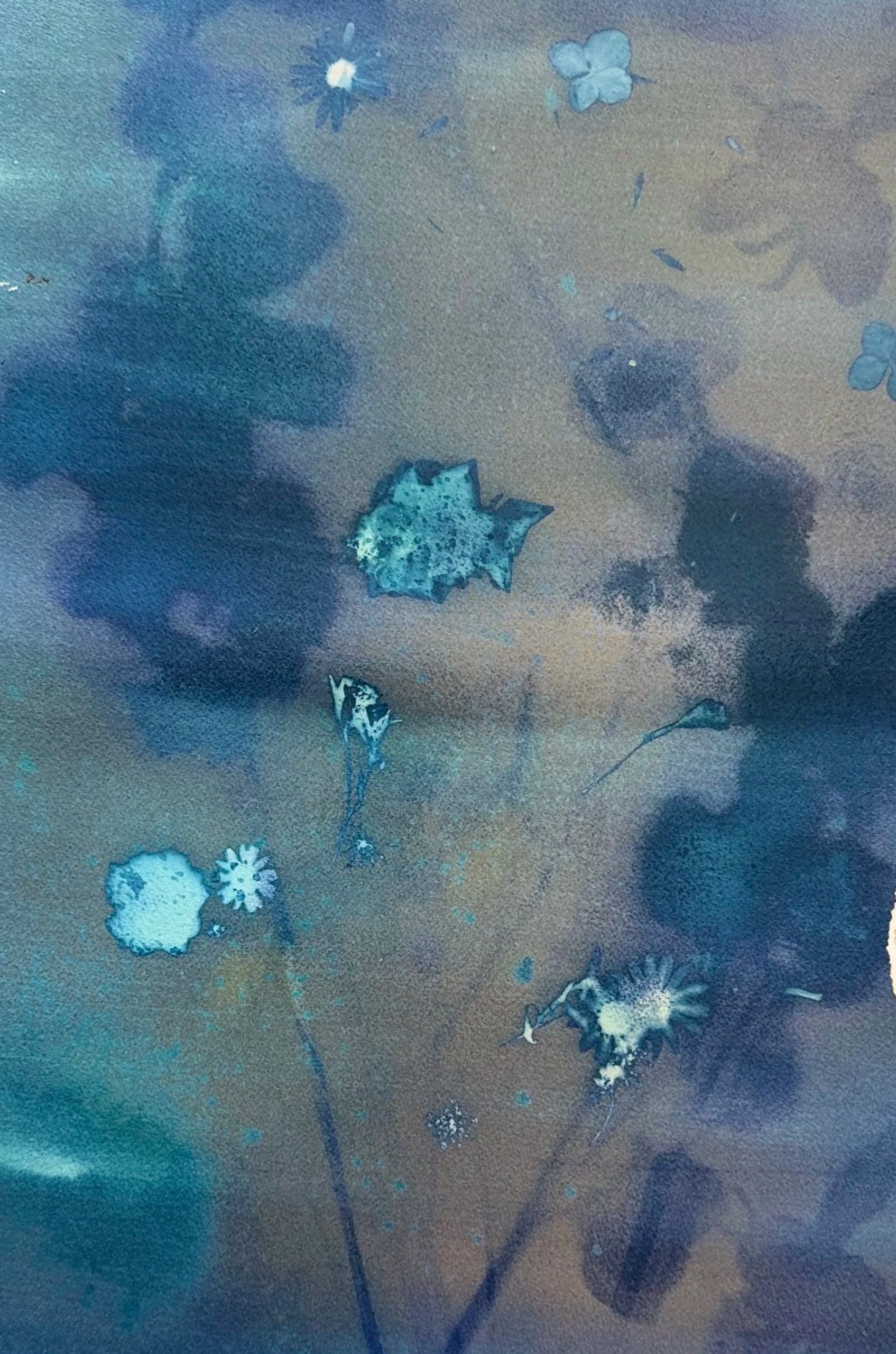 Watercolor painting of various small flowers and leaves in shades of blue, white, and gray on a textured background.