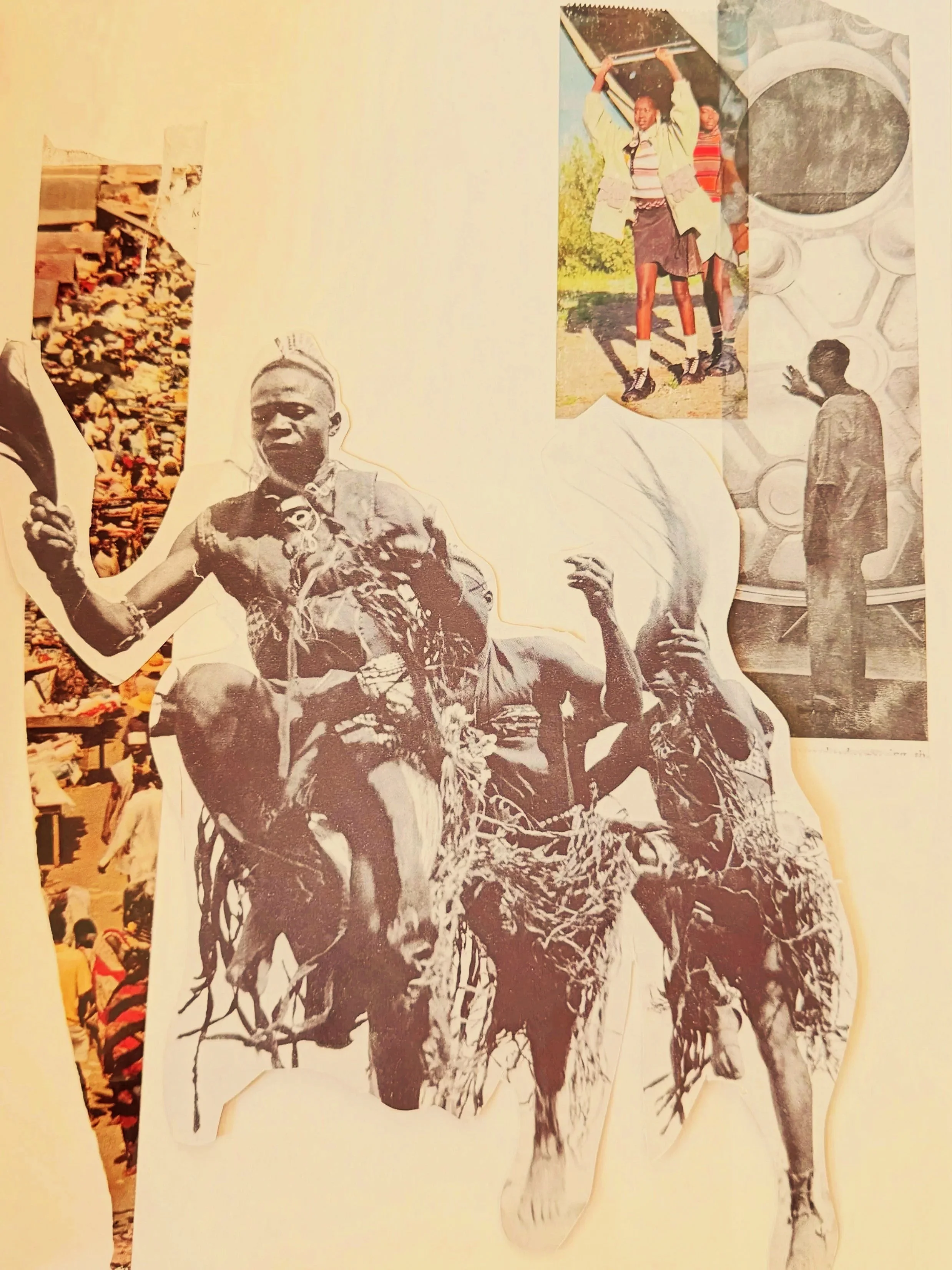 A collage of cut-out images showing children and a person in a queue of people, with some images in black and white and one in color, featuring scenes of everyday life.