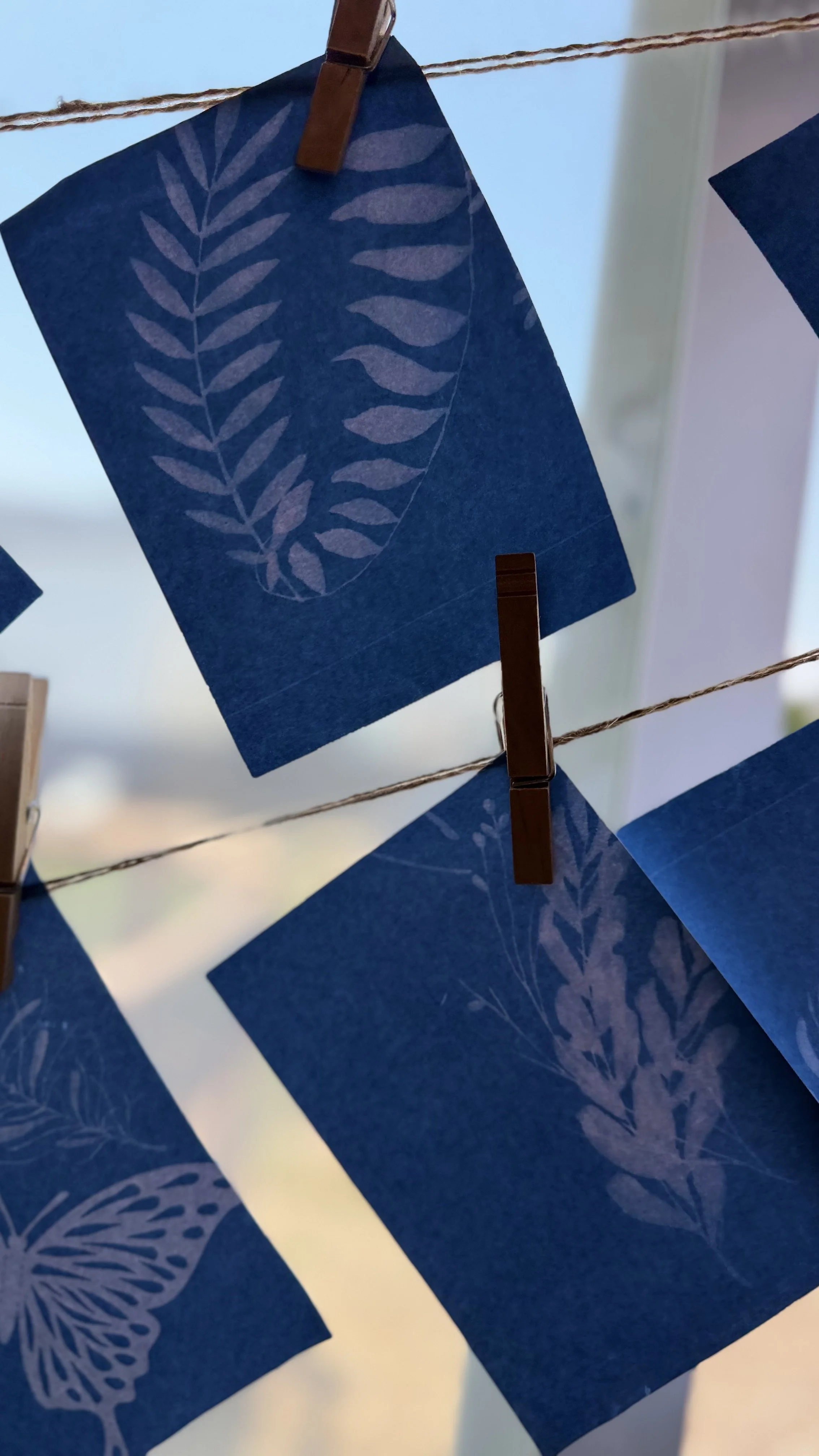 Blue paper with leaf and butterfly pattern hanging on a string secured with small clothespins.