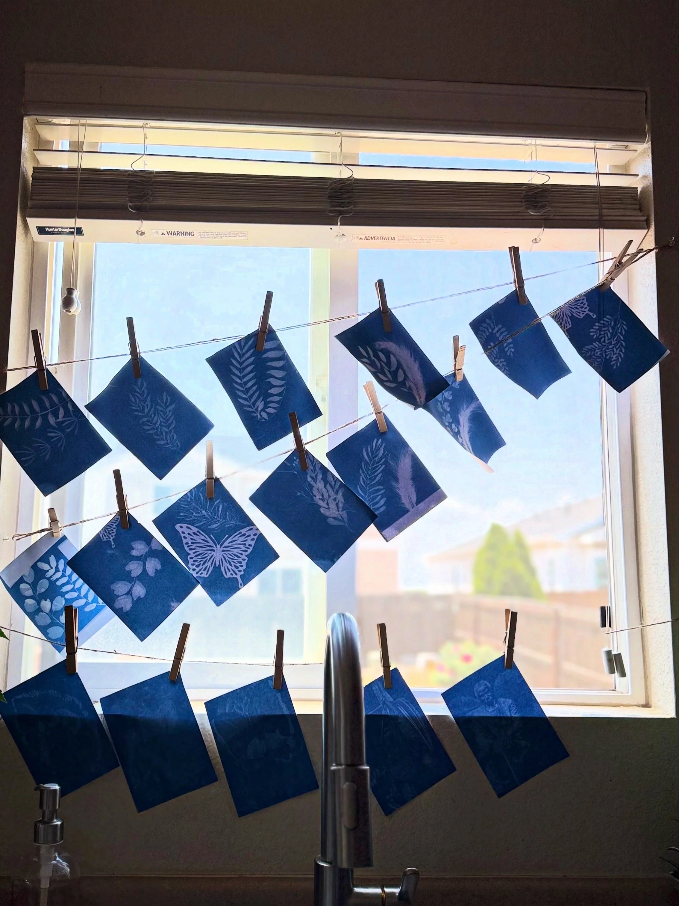 Blue paper towels with white leaf and butterfly patterns hanging on a string with clothespins, positioned in front of a window showing a clear blue sky and a backyard.