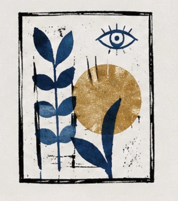 Abstract art with blue foliage, a gold circle, and a blue eye in a black-bordered frame.