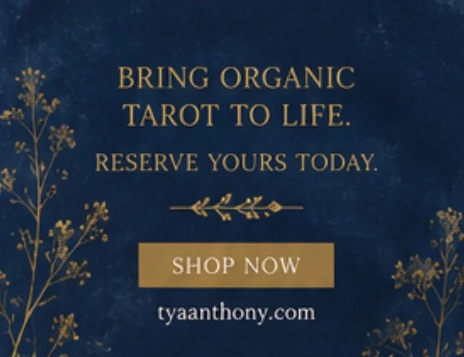 A promotional graphic for Tina Anthony's tarot services with gold text on a dark blue background, decorated with gold floral designs.