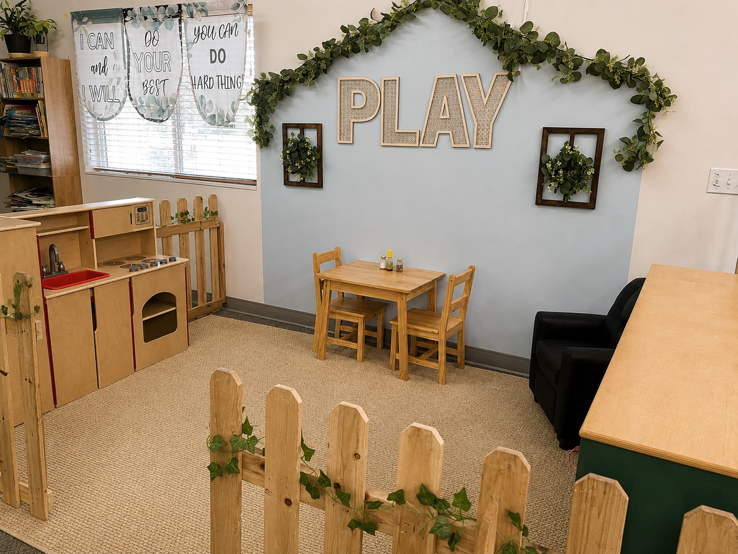 Play kitchen setup in the Preschool room allows for productive play, we are located in Boise and serve the Treasure Valley.