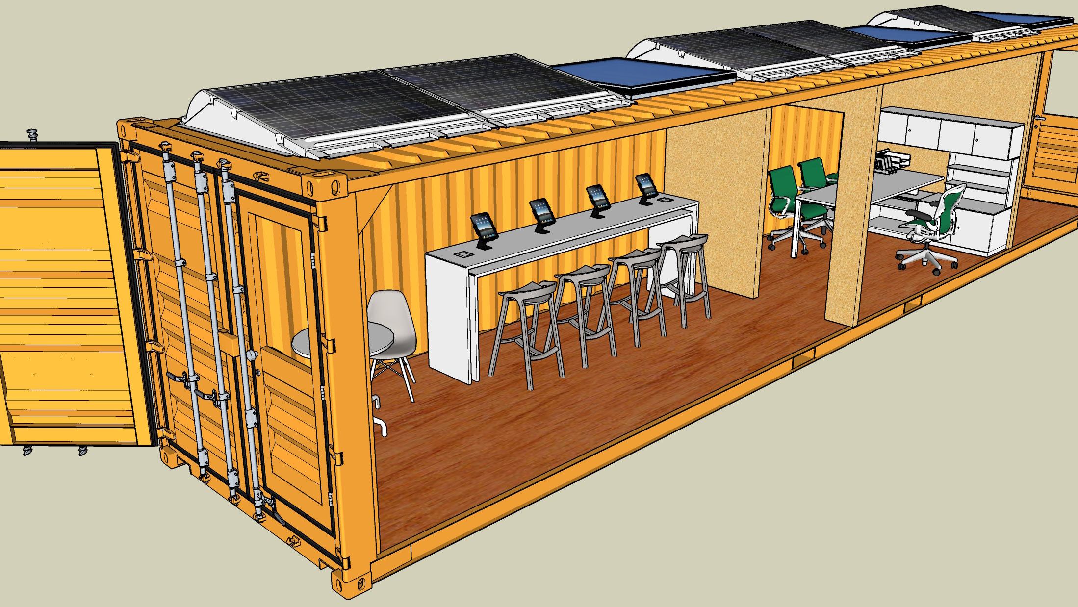 The design After a series of interviews, "ridealongs," additional research, and design sessions, we developed a solution that would meet the needs of the BHPCL staff and clients: a legal office mini-hub prototype. Housed in a refurbished shipping container, the hub would be a cost-effective, environmentally-friendly, and semi-mobile space for BHPCL to meet with tenants facing evictions to get advice, legal aid support, and screening for other social services. Impact Outposts Our proposed method of service delivery is to develop semi-permanent legal-aid hubs that can be placed in neighborhoods in BHPCL’s service area, which we dubbed "Impact Outposts." Impact Outposts can serve as an outreach branch for Bayview Hunters Point Community Legal, as a way for tenants to achieve positive court outcomes, settle with their landlords, and find other permanent housing. Impact Outposts will also be able to provide a comprehensive engagement with clients at a lower cost by utilizing volunteers, social workers and paralegal staff — who provide comprehensive case counseling and benefits advocacy, and only utilize attorneys for specific legal services, such as full representation of a case. The Impact Outpost also provides visibility for the organization and expands their outreach potential.