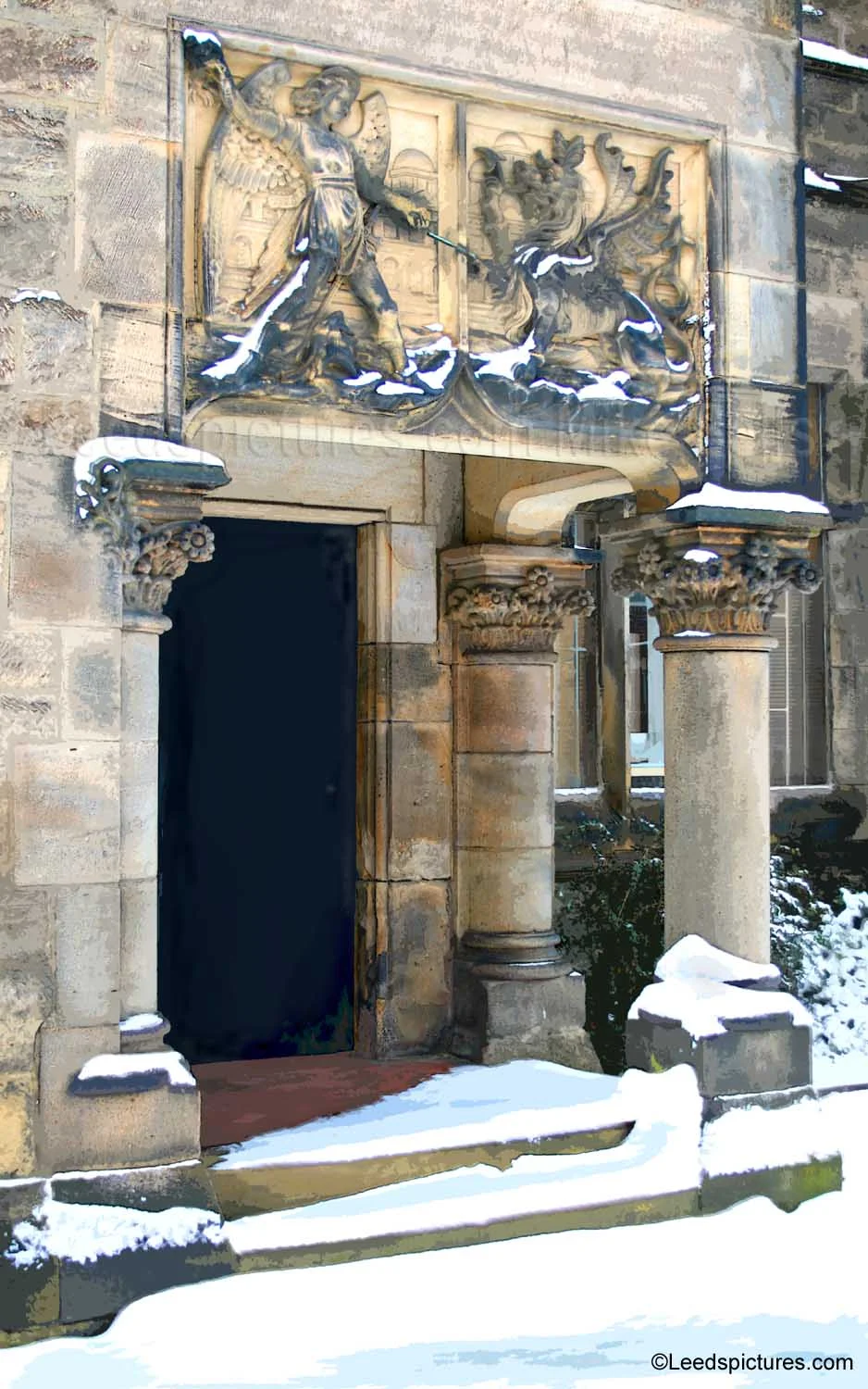The Institute doorway on Bennett Road An intriguing building - the snow and sunlight picks out the lovely design of the entrance