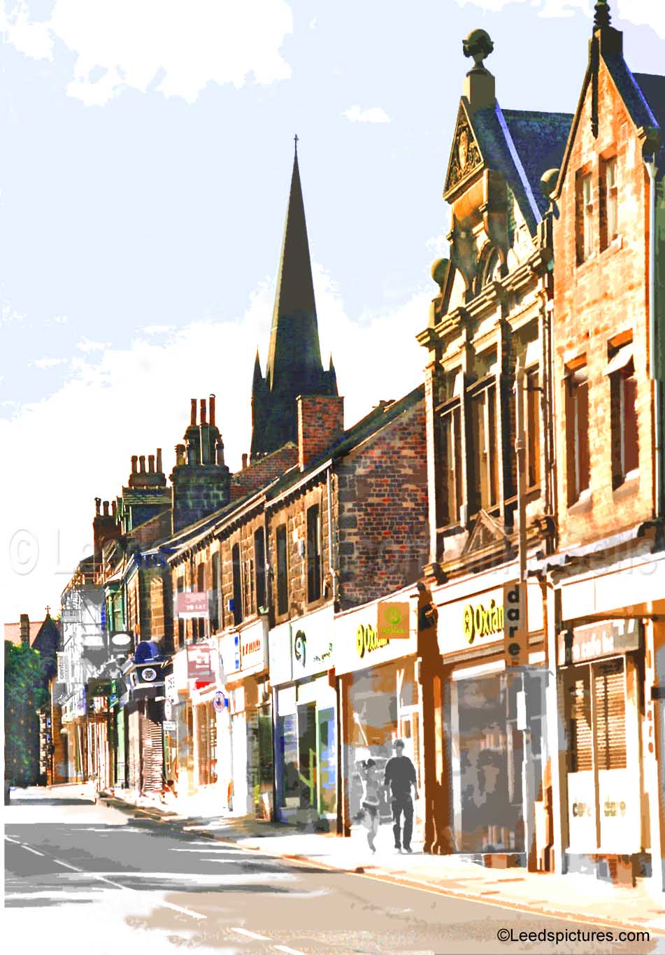 Headingley shops, Oxfam, St Michael's spire Very early on a Sunday morning - where were the couple going? 
