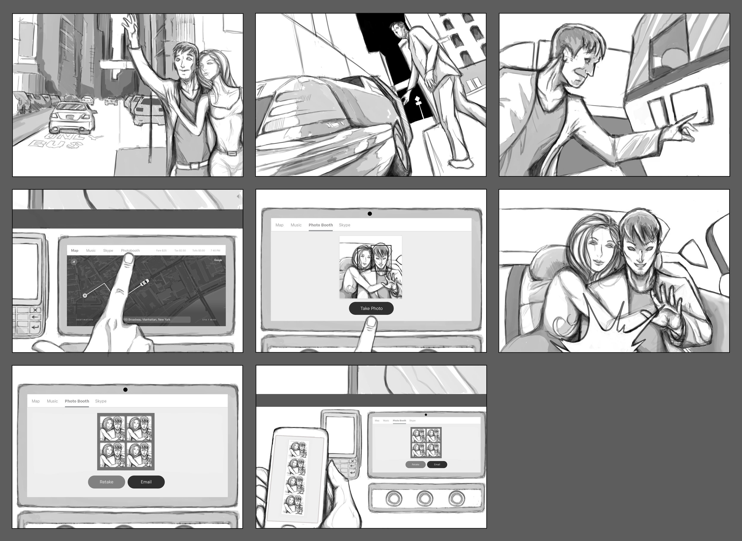 A couple orders a taxi. They get in and select the Photobooth option on the PIM. The couple takes a round of pictures via the PIM's camera and sends them to their email.