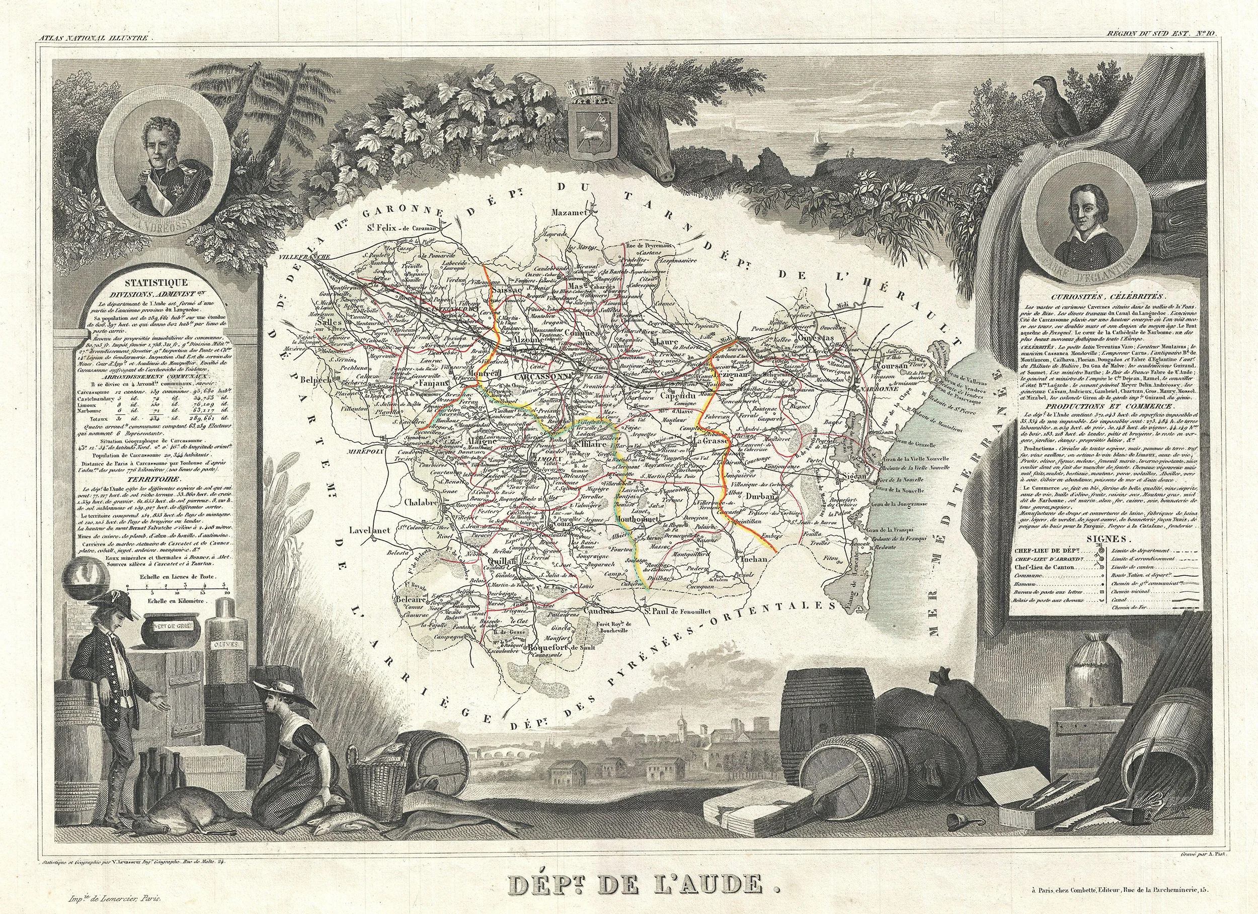  1857 map of the French department of Aude, France. This area of France is famous for its wide variety of vineyards and wine production. Limoux is directly in the center.