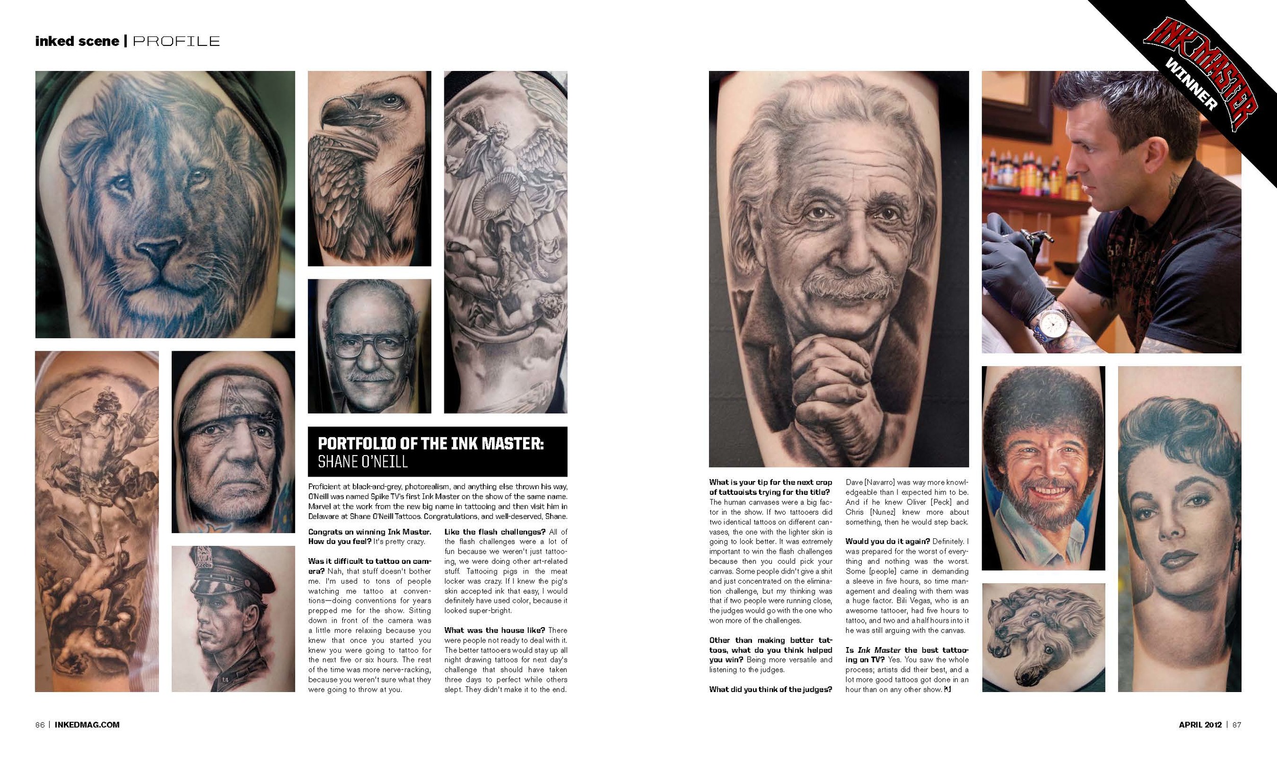 Editorial layout featuring Spike TV's Inked Master Season 1 winner, Shane O'Neill, in Inked Magazine's April, 2012 issue.