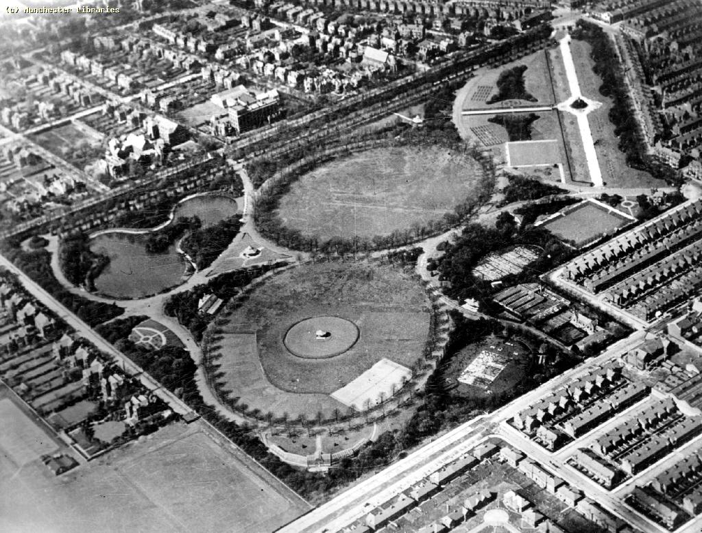 Aerial View Alexandra Park, Whalley Range/Moss Side, Manchester -1925. Photo courtesy of Manchester Archive and Local Studies 