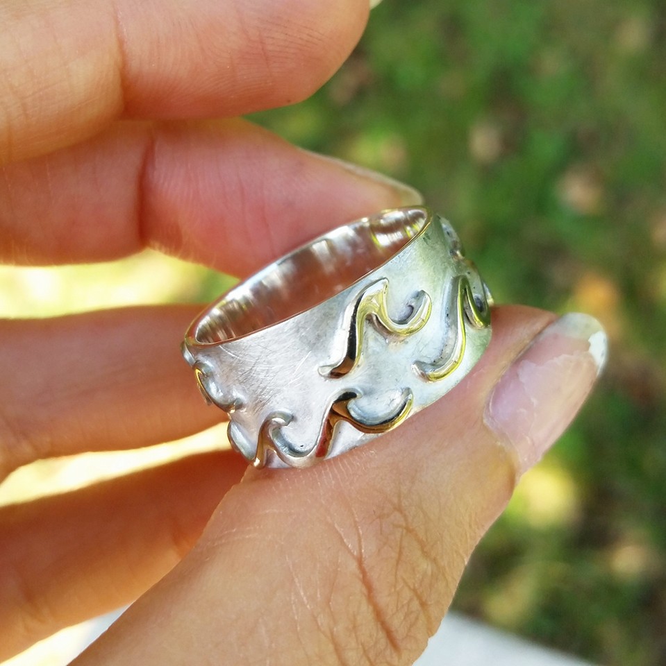 Men's Wedding Band handmade with Recycled White Gold waves over a Sterling Silver band