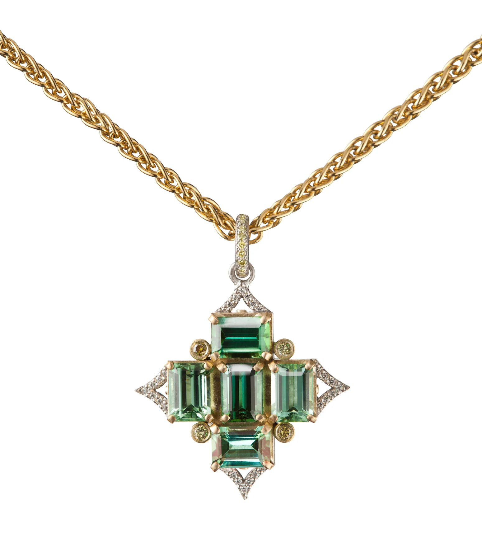 Green Tourmaline Pendant in Platinum & 18K Gold with Yellow-Green Diamonds