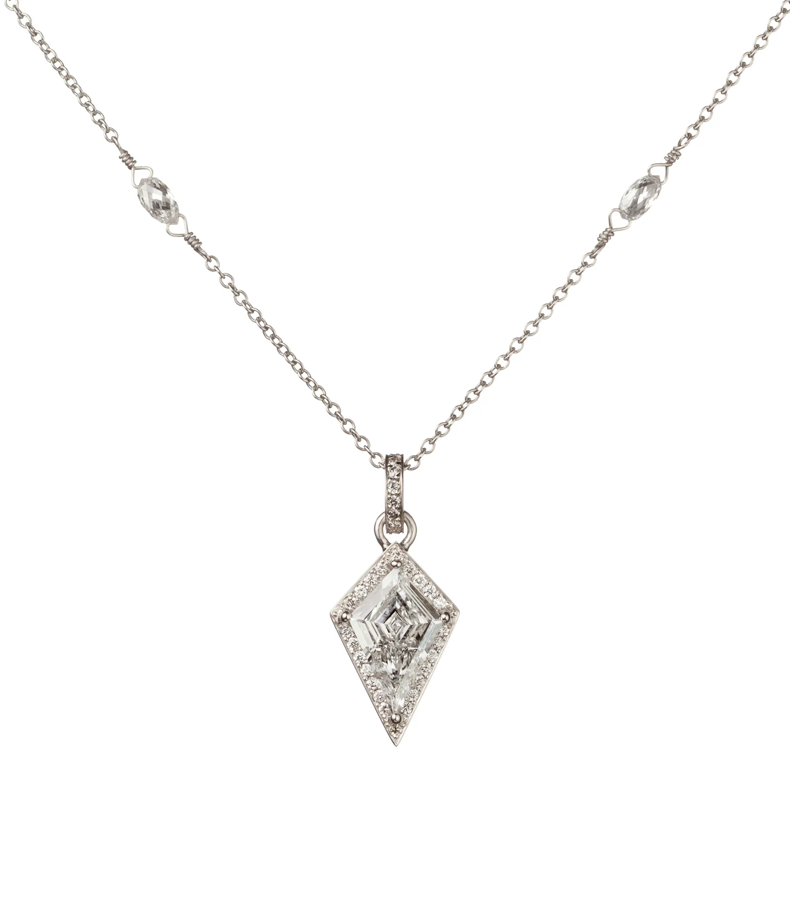 Kite Diamond Pendant with Diamond Halo, in Platinum with Diamond Bezels.