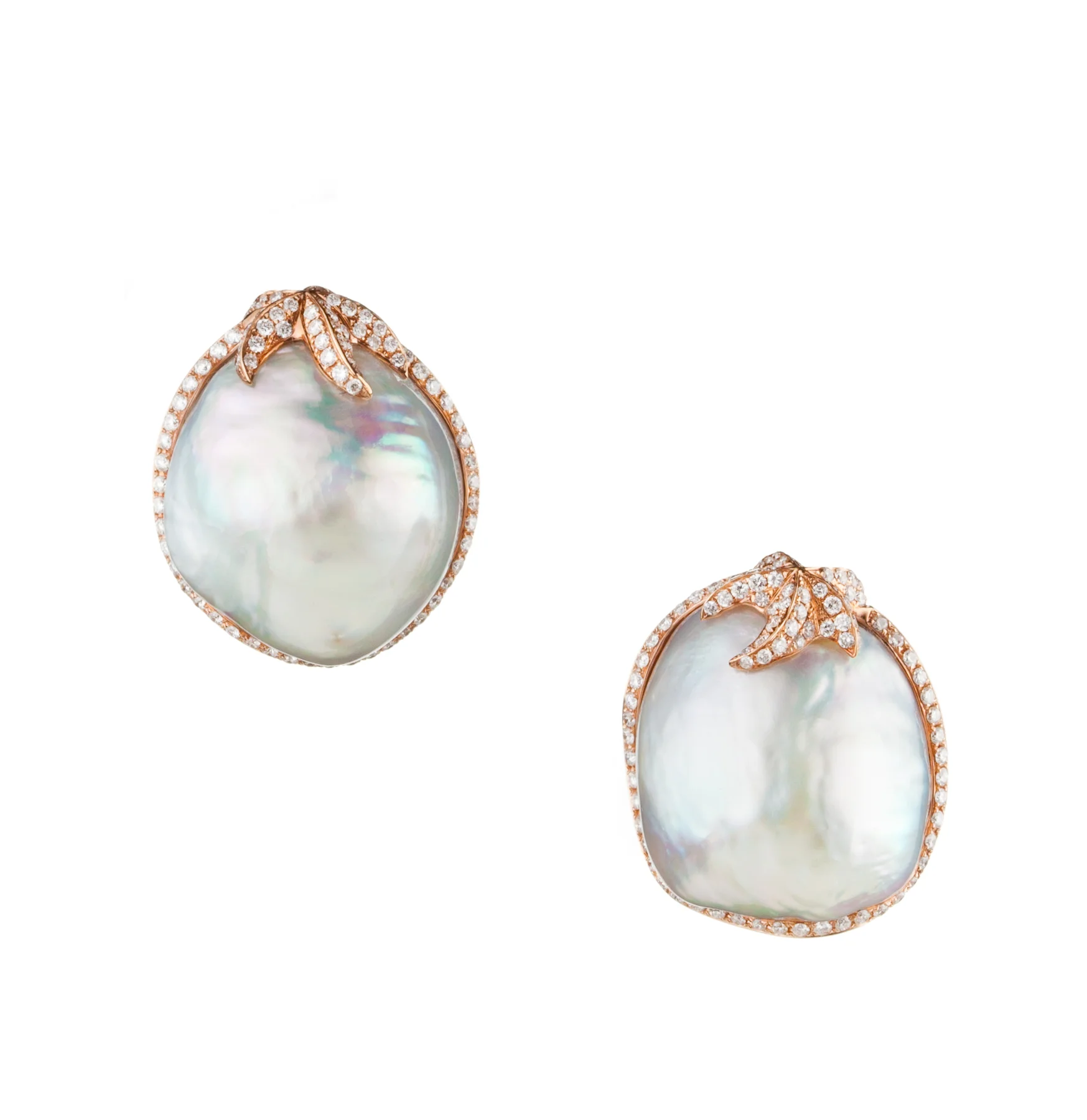 19mm Baroque Pearl Earrings with Diamond Halo, in 18kt Rose Gold.