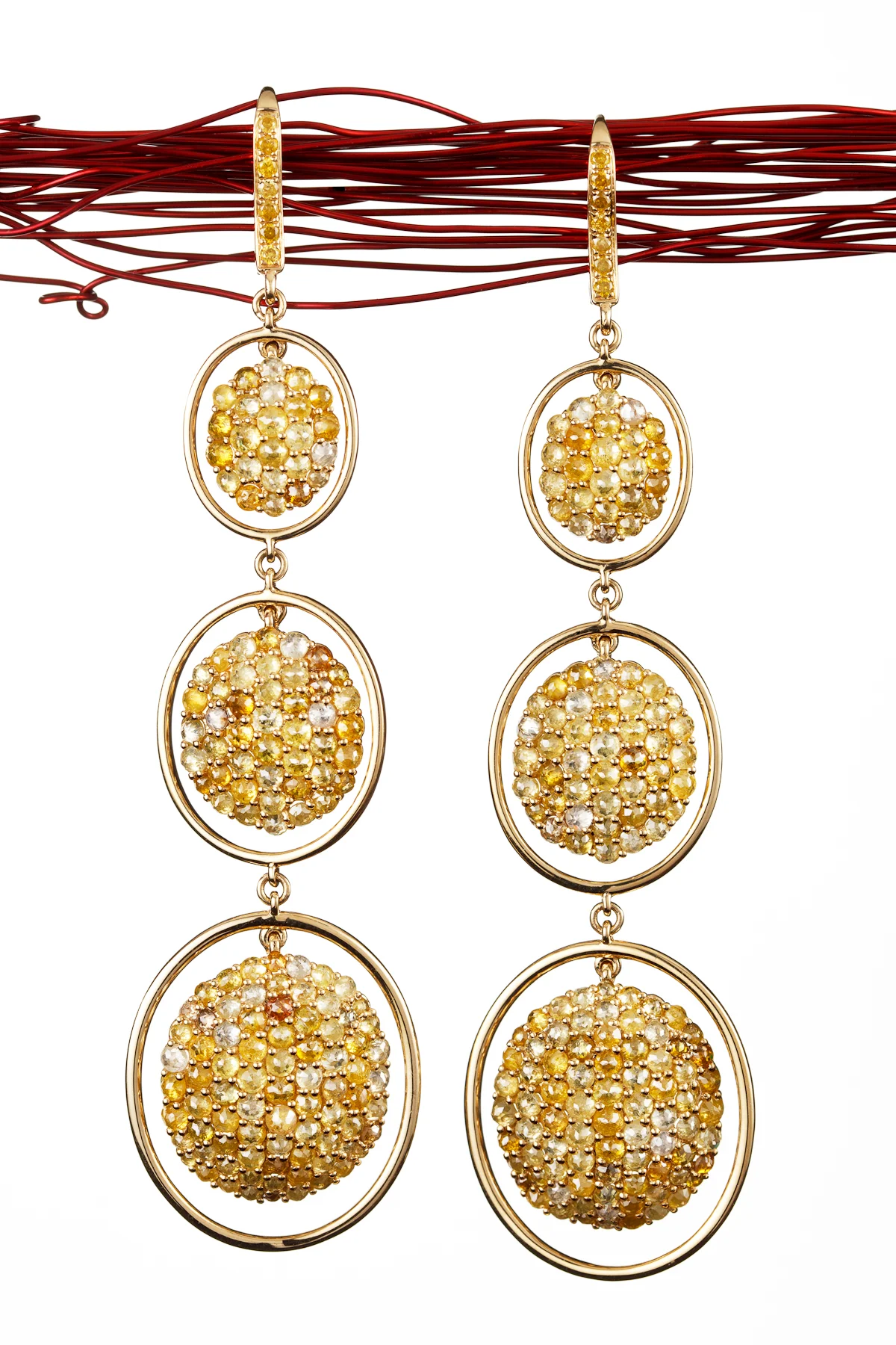 Three drop Fancy Cut Yellow Diamond Earrings in 18kt Yellow Gold.