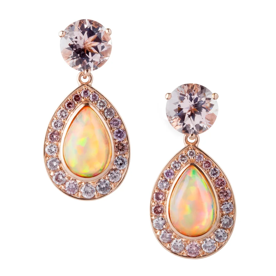  Ethiopian Opal, Morganite and Pink Diamond Earrings in 18kt Rose Gold by Kathleen Dughi 