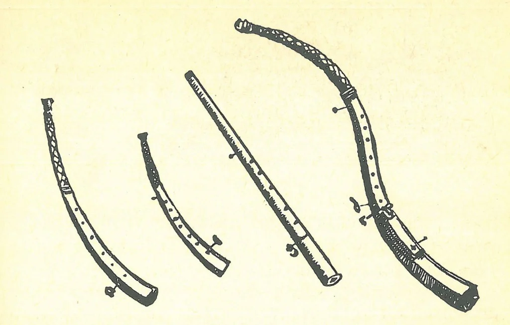 Various cornetts from the book by Michael Praetorius: Syntagma Musicum (1616–1620) From left to right: Curved, descant, mute, tenor. Image from: mogensandresen.dk