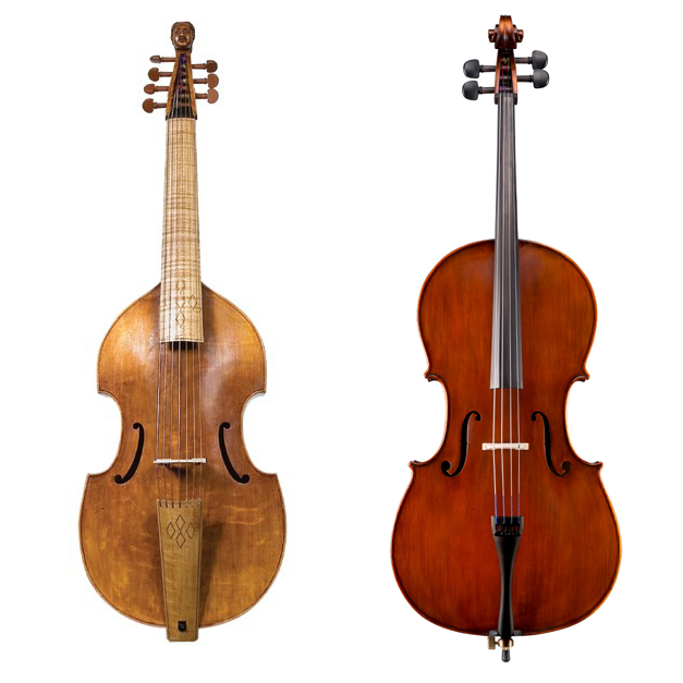 Viola da gamba (left); modern cello (right)