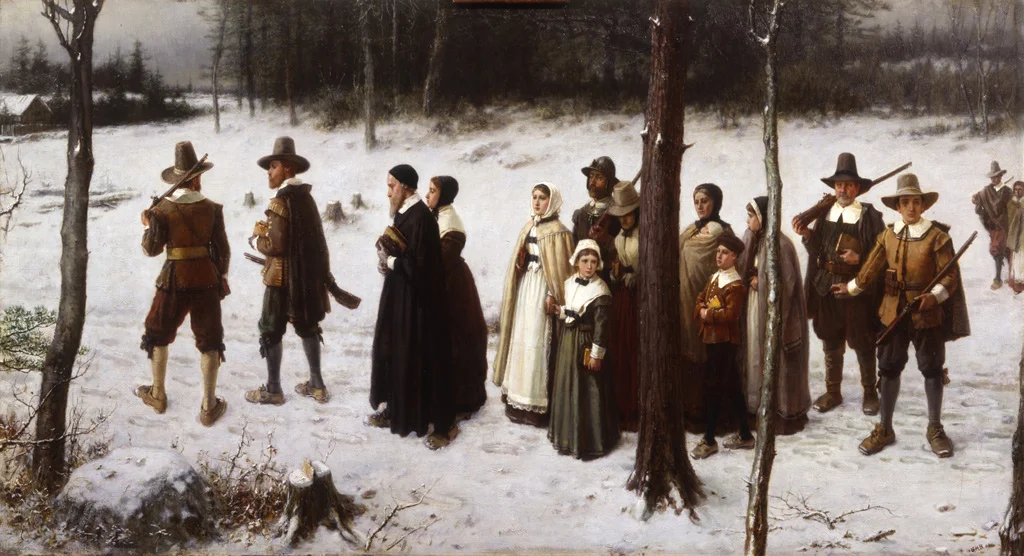 Pilgrims Going to Church is a painting by George Boughton (1833-1905). Note the absence of Christmas trees, snowmen, and Rudolph.