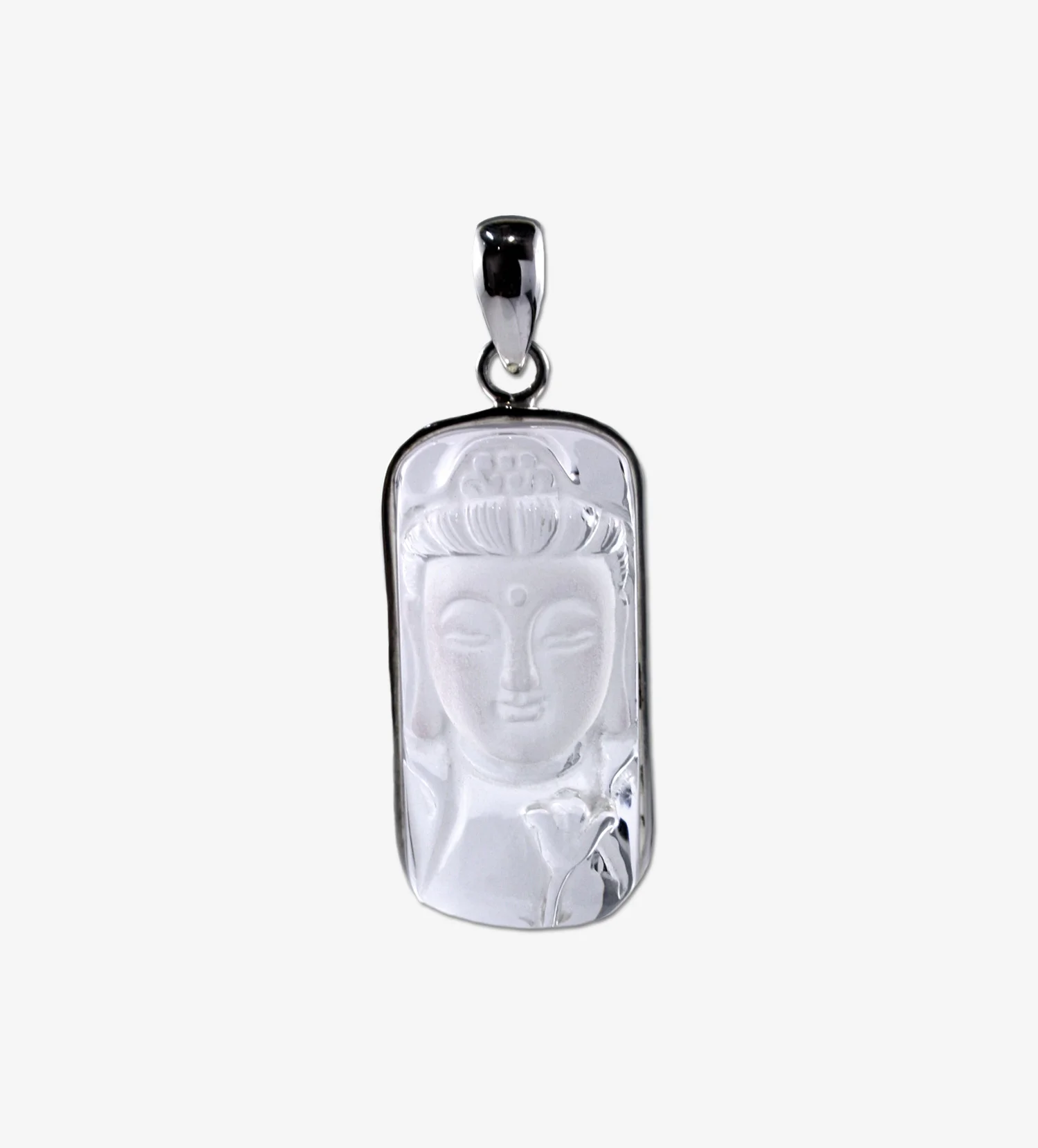 Sterling Silver and carved Clear Quartz crystal Goddess Kwan Yin pendant.