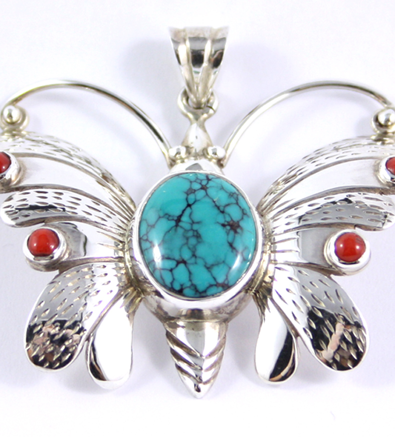 Sterling Silver, Turquoise and Coral Butterfly Pendant