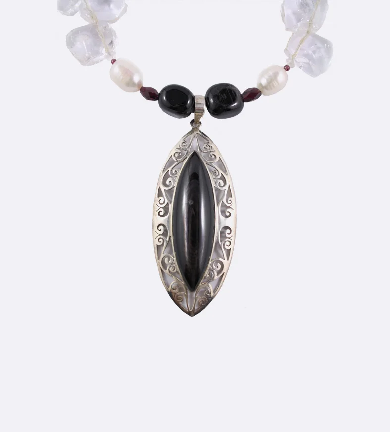 Hypersthene, Garnet, Pearl and Clear Quartz Necklace
