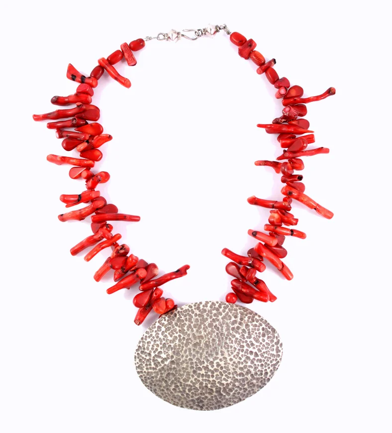 Red Coral and Beaten Silver Necklace
