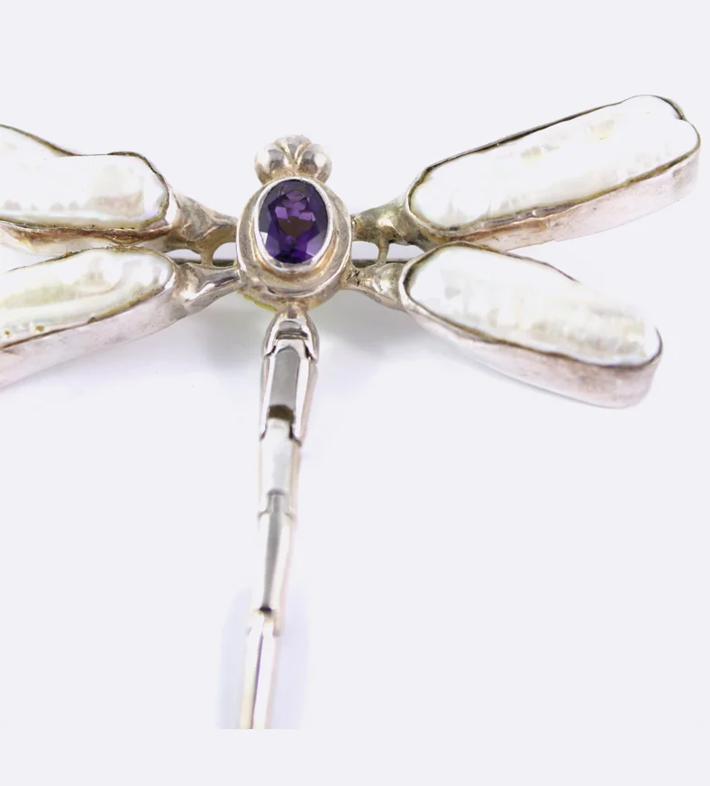 Freshwater Pearl and Faceted Amethyst Dragonfly Brooch/Pendant