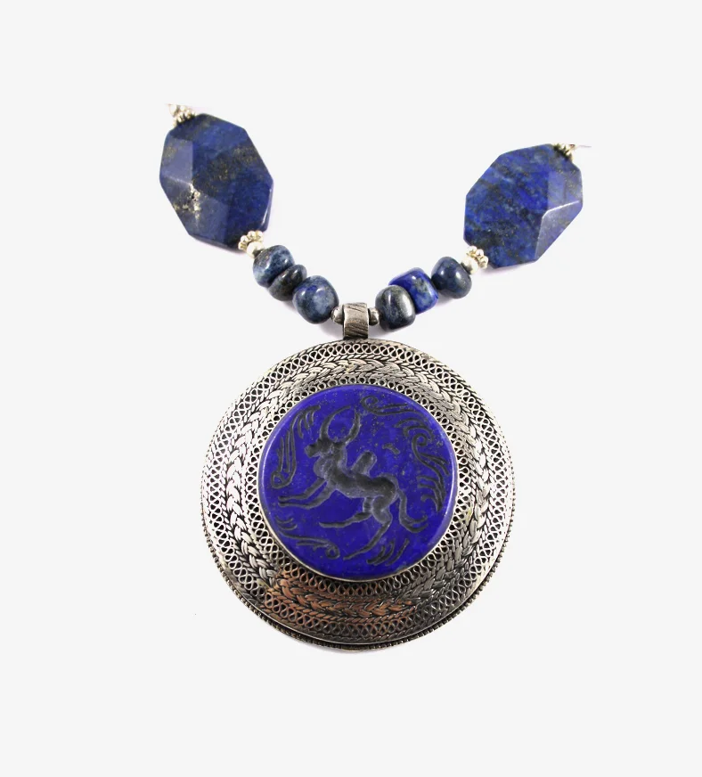 Antique Afghani Carved Lapis Lazuli Necklace