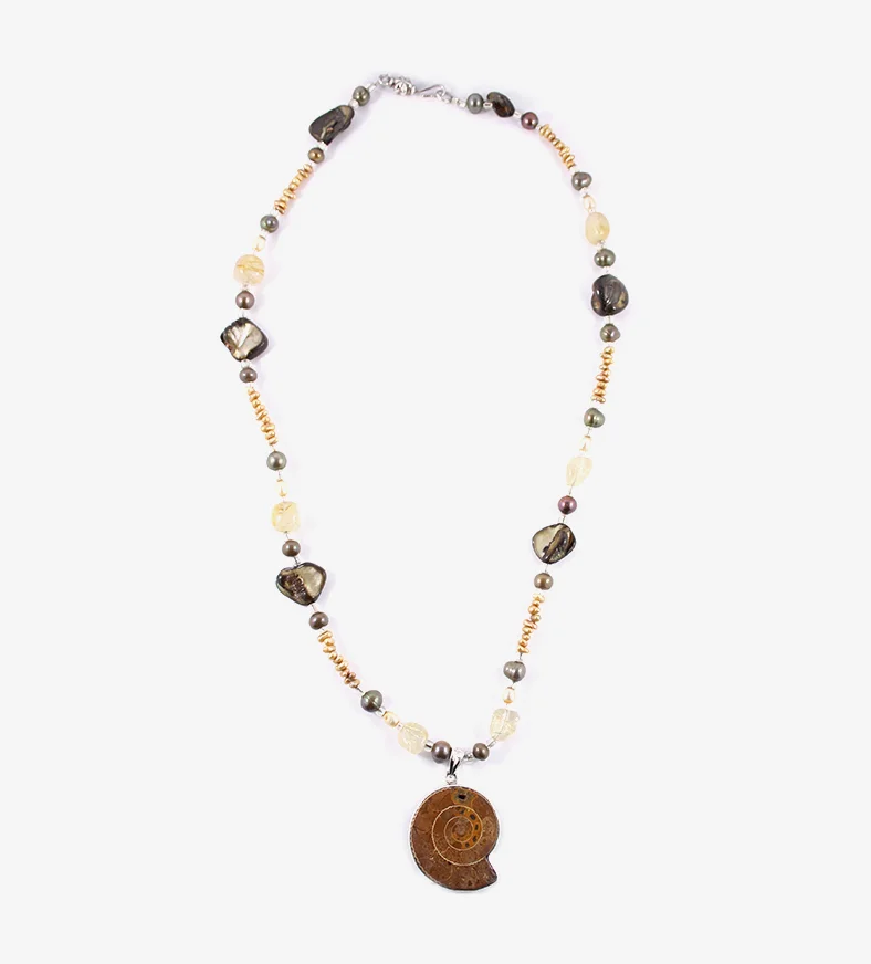 Ammonite, Gold Rutile Quartz, Mother and Freshwater Pearl Necklace