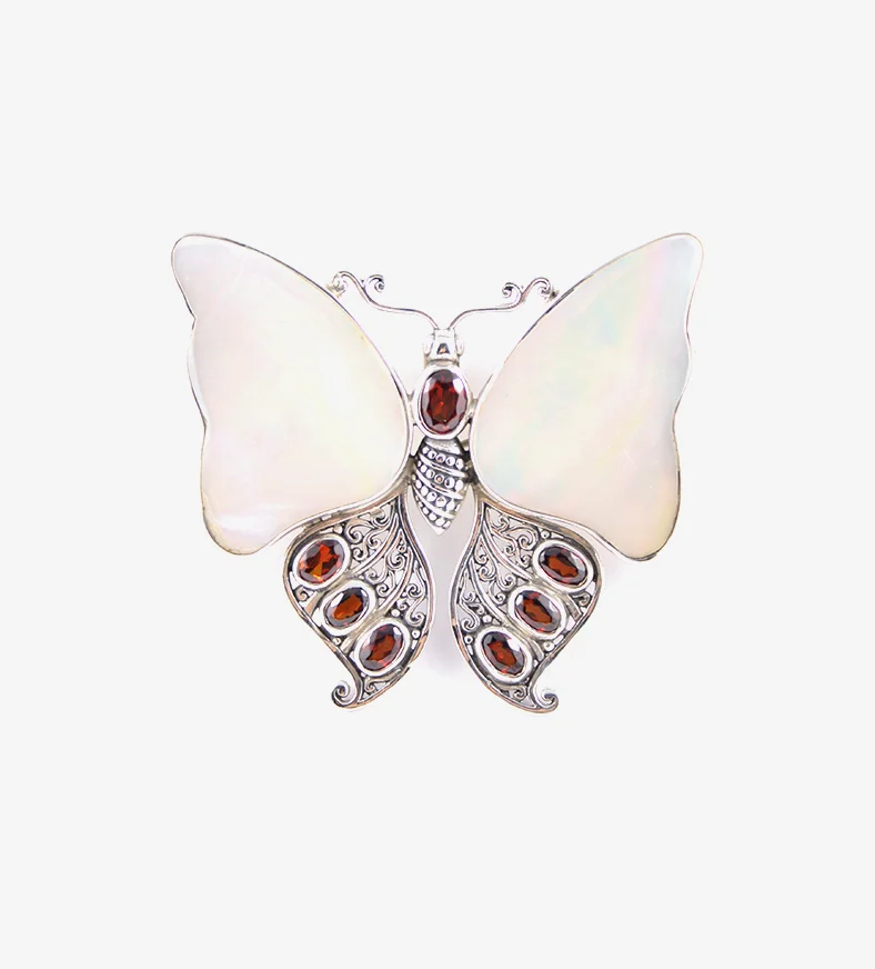 Mother of Pearl, Filigree and Garnet Butterfly Pendant Brooch  