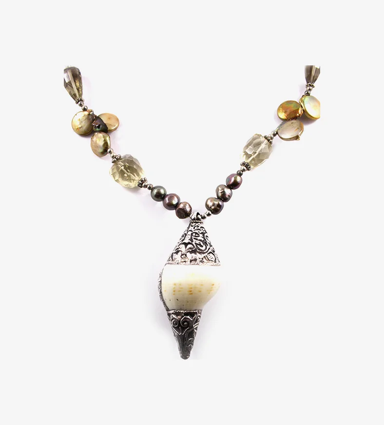 Tibetan Conch Shell, Pearl and Lemon Quartz Beaded Necklace