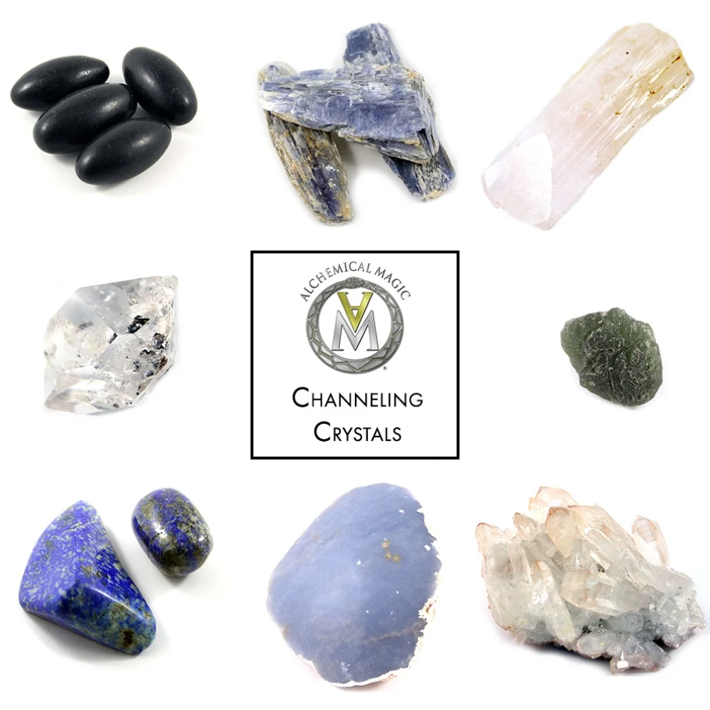 Clockwise from top left: Black Shiva Lingams, Blue Kyanite, Danburite, Moldavite, Quartz Cluster, Angelite, Lapis Lazuli, Herkimer Diamond